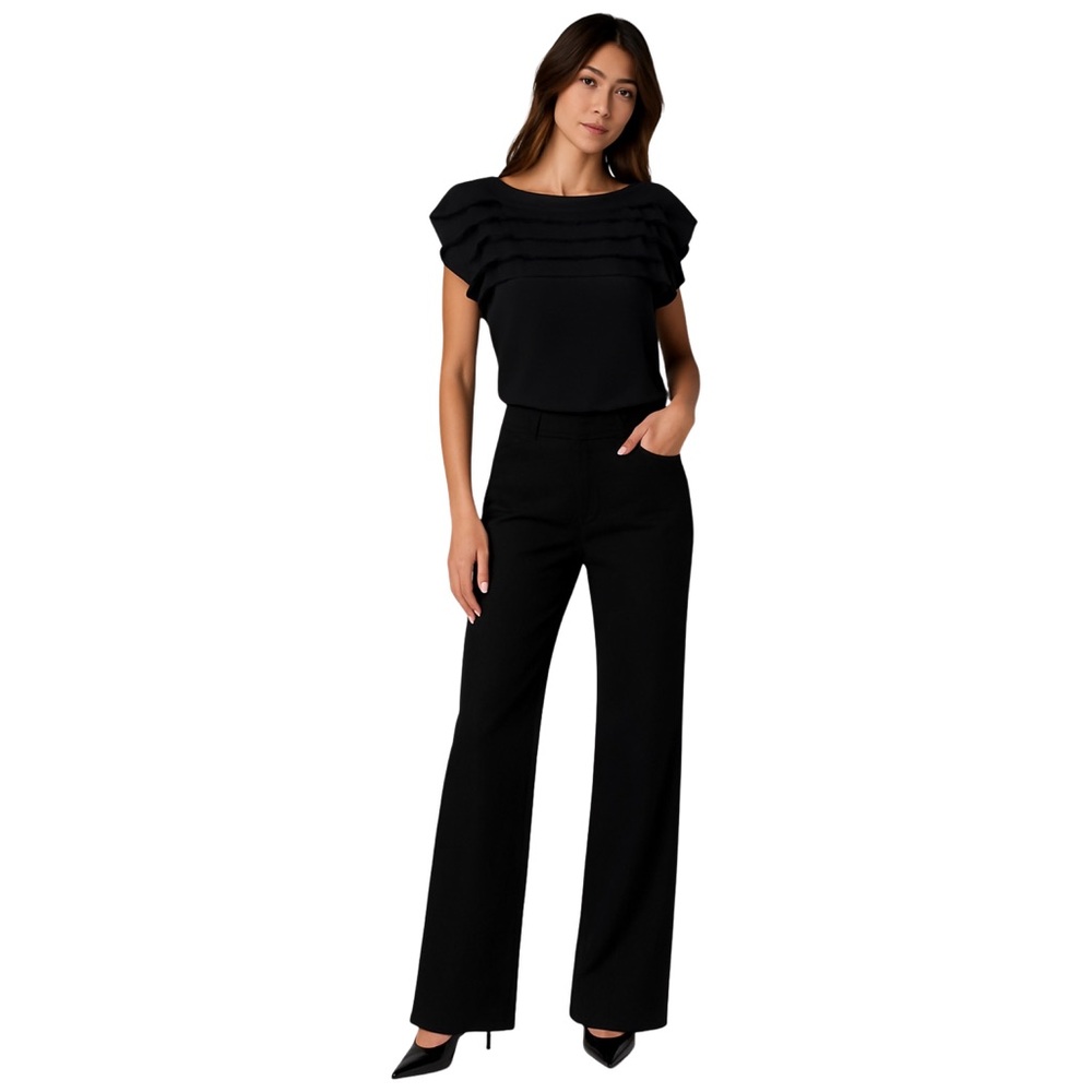 By Francine Elegant 100% Silk Short Flutter Sleeve V-Neck Blouse - S - Black